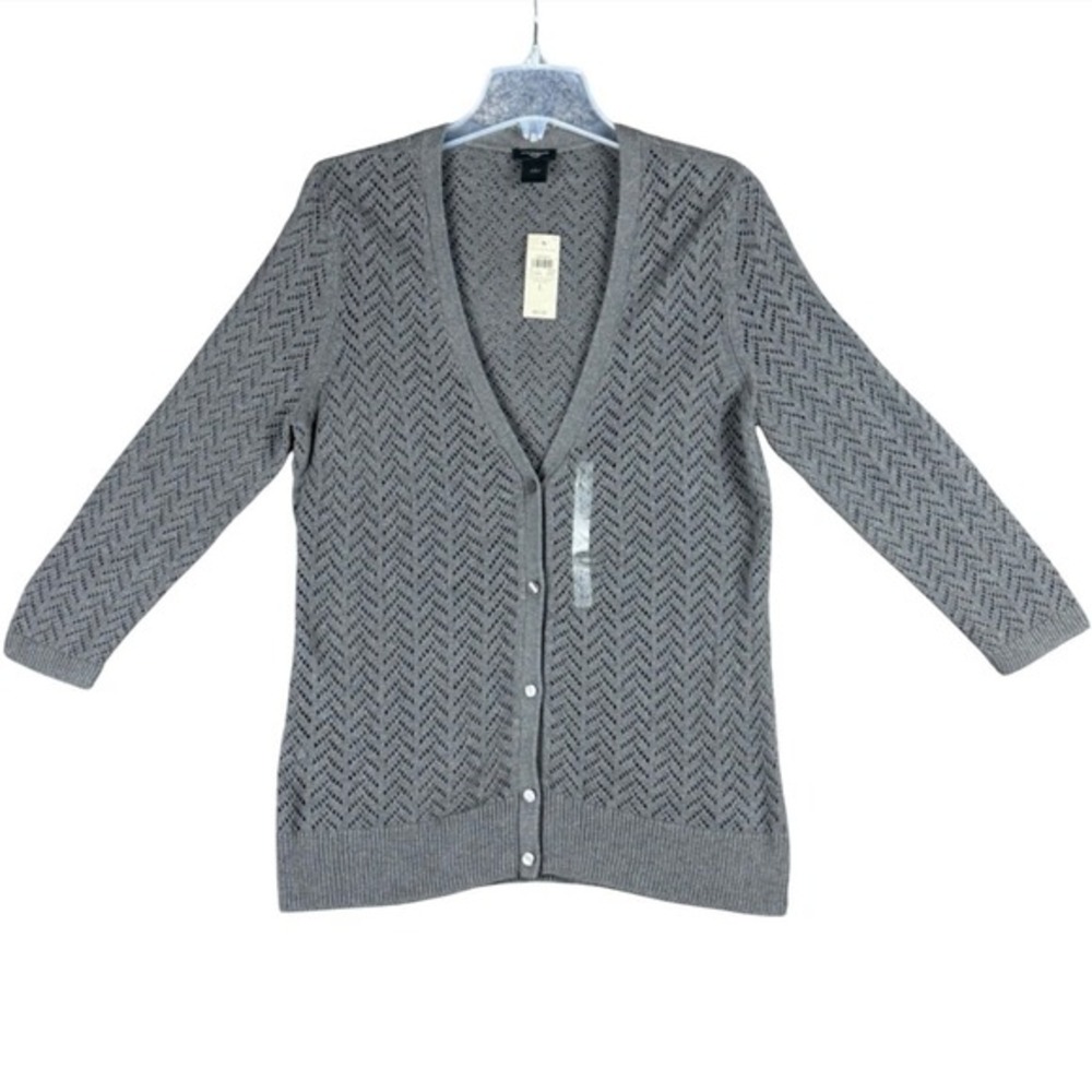 NEW Ann Taylor Women's Large Grey Pointelle Cotton V-Neck Cardigan Sweater Chic